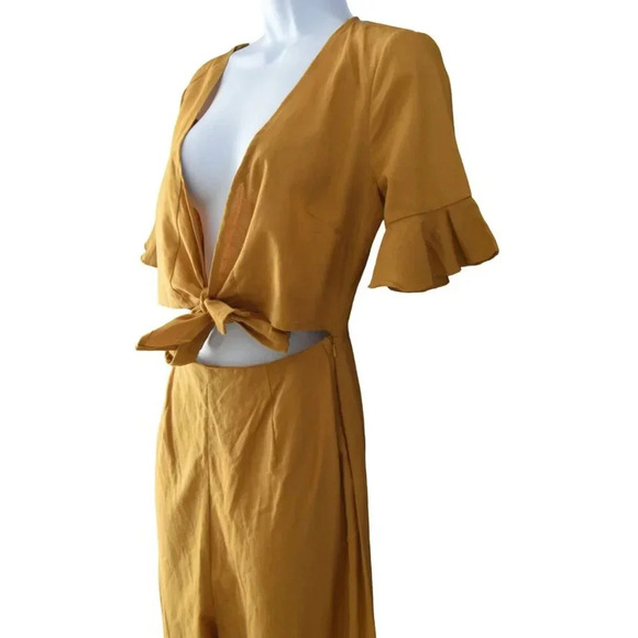 NWT ASOS || Jumpsuit Mustard Yellow Waist Tie Flutter Sleeve Wide Leg Sz 2 TALL - Picture 7 of 11